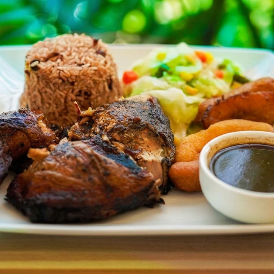 Plate of grilled chicken with rice, salad, roasted vegetables, and dipping sauce on an outdoor table.