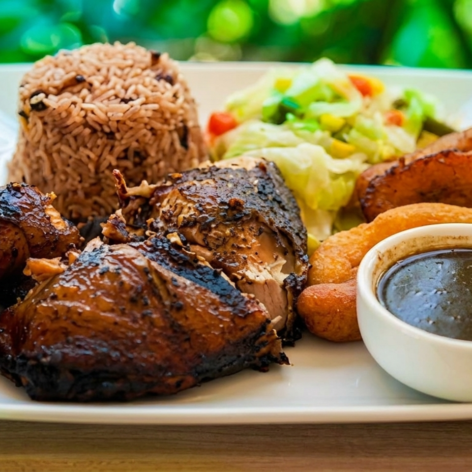 Plate of grilled chicken, seasoned rice, salad, fried plantains, and dark dipping sauce on an outdoor table.