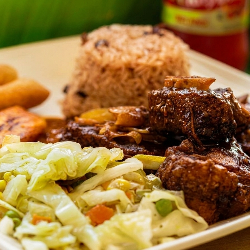 Plate of braised meat, rice, fried plantains, fritters, and mixed vegetable salad.