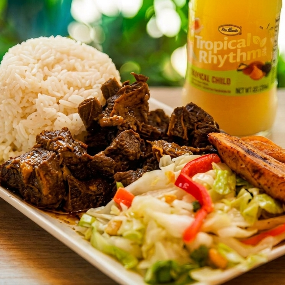 Plate of white rice, braised beef, salad, and fried plantains beside a bottle of Tropical Rhythm mango juice.