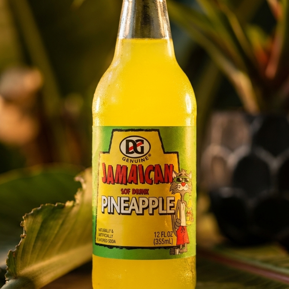 Bottle of Jamaican pineapple soda displayed among tropical leaves and pineapples.