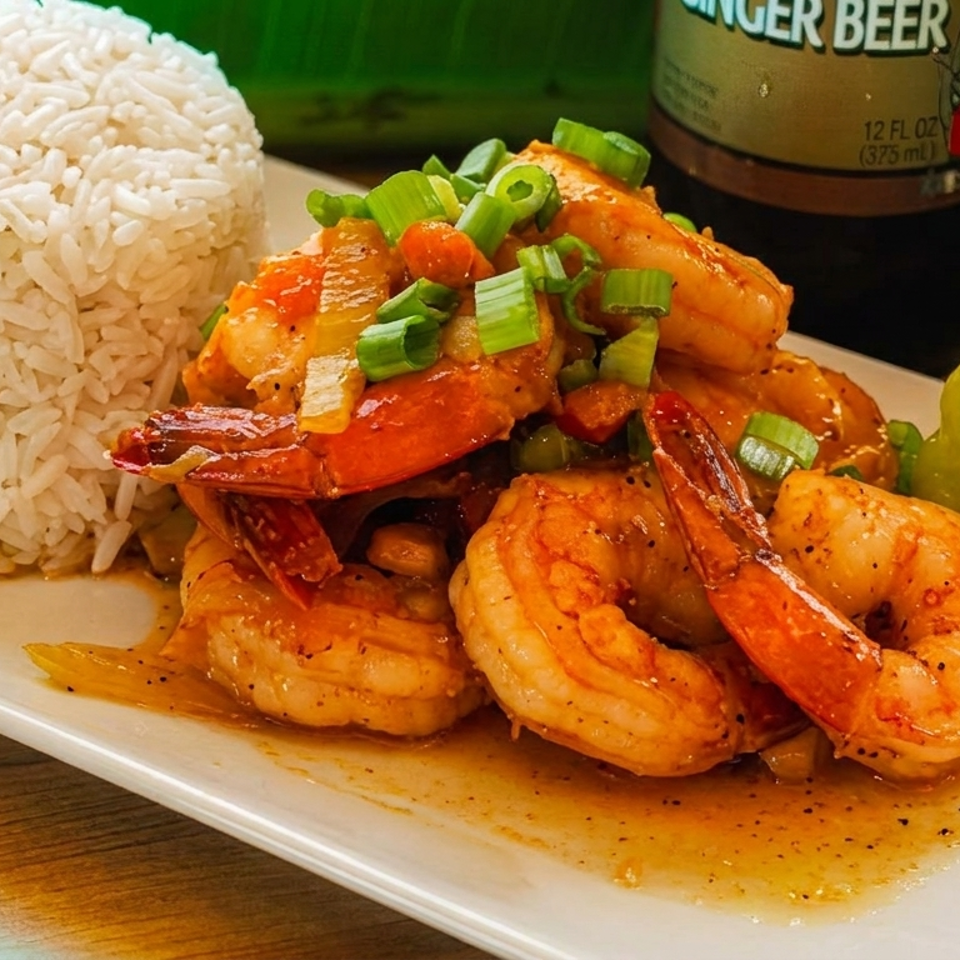 Glazed shrimp topped with green onions and peppers, served beside molded white rice on a rectangular plate.