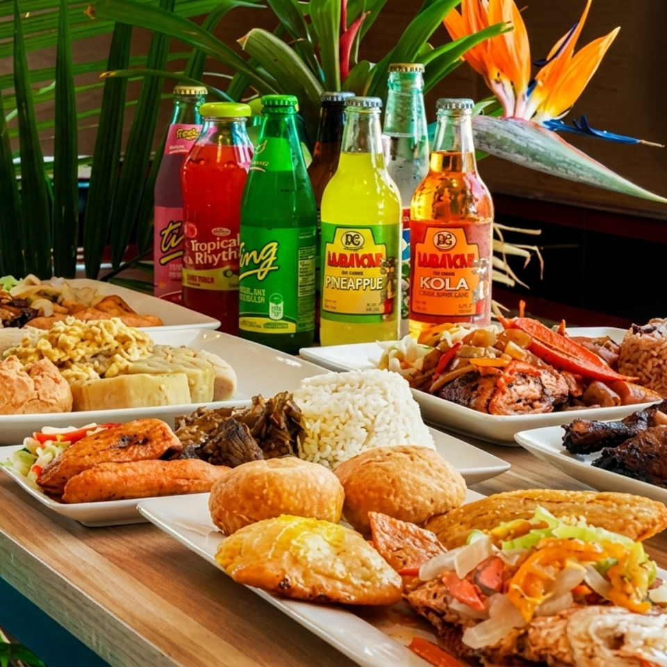 Table displaying Caribbean dishes, rice, grilled meats, pastries, plantains, colorful sodas, and tropical flowers.