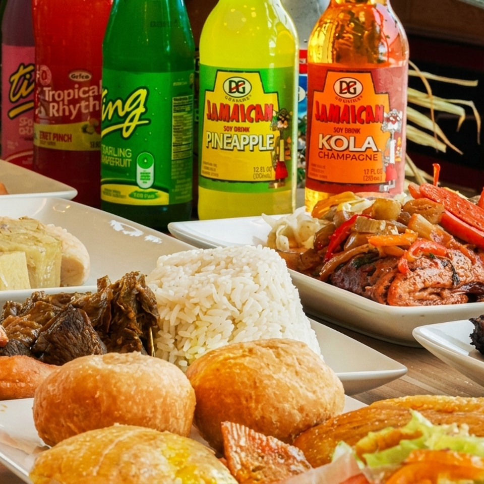 Colorful Caribbean dishes, rice, grilled meats, fried plantains, and Jamaican sodas fill plates on a restaurant table.