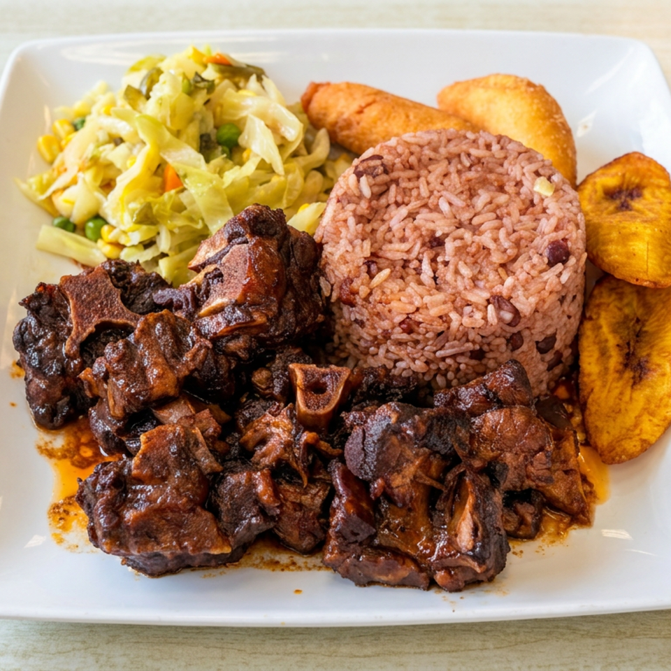 Plate of braised meat, seasoned rice, cabbage salad, fried plantains, and golden fried dough on a white square plate.