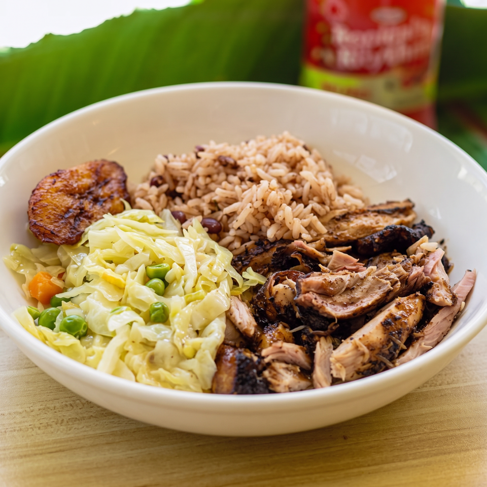 Bowl of rice, roasted meats, grilled vegetables, cabbage, peas, and carrots on a wooden table.