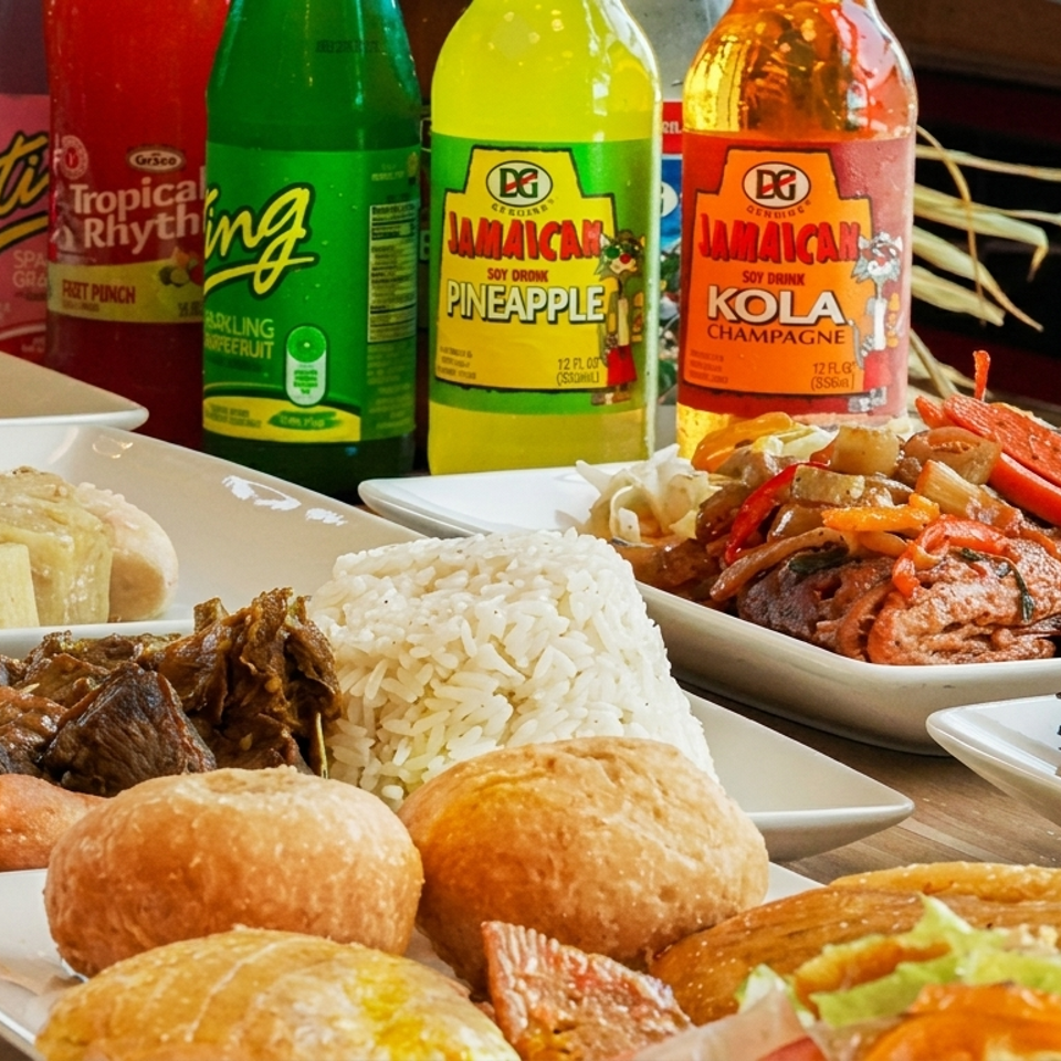 A colorful Caribbean feast features rice and beans, meat, pastries, fried plantains, and Jamaican pineapple and kola champagne sodas.
