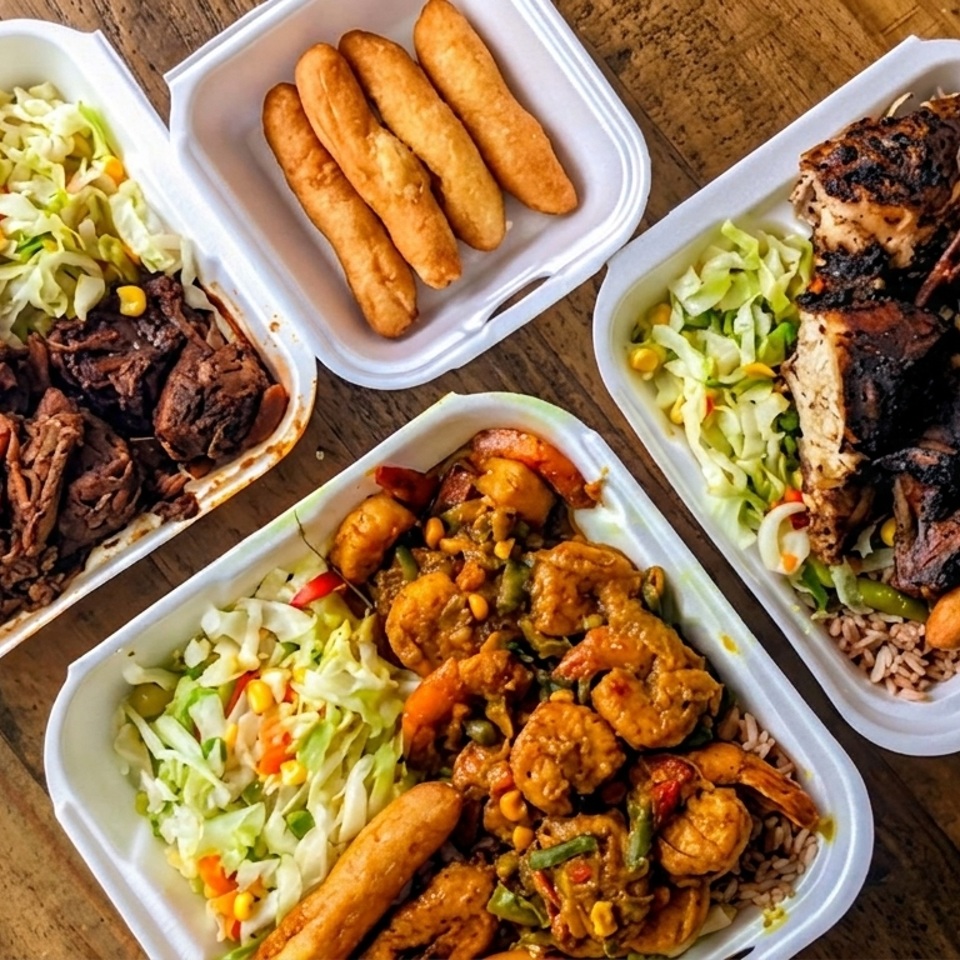 Four takeout containers hold grilled meats, rice, cabbage salad, fried plantains, and saucy vegetables on a wooden table.